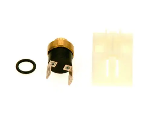 BOSCH Temperaturregler, bestehend aus einem schwarzen Regler, einer weißen Anschlussplatte und einem O-Ring, angeordnet auf einem weißen Hintergrund.